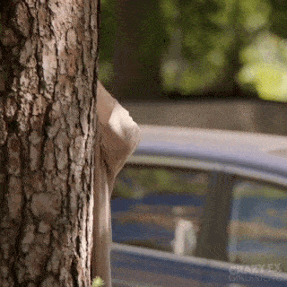 woman peeking around tree with binoculars