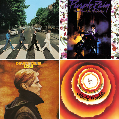 Album covers for Abbey Road, Purple Rain, David Bowie - Low, and Songs in the Key of Life - Stevie Wonder