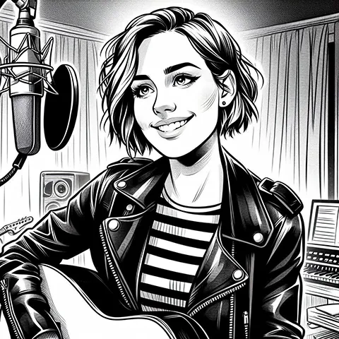 Smiling woman playing guitar in a studio