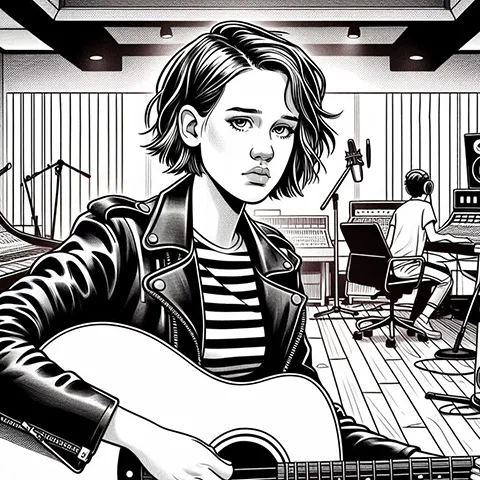 Unhappy woman playing guitar in a studio