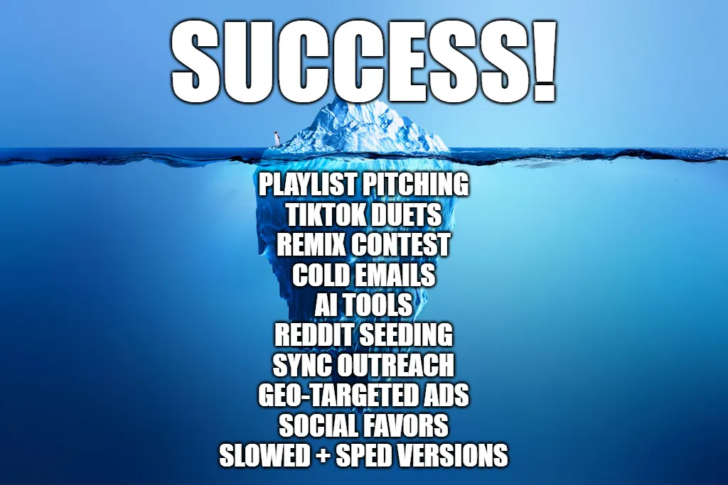 Success! Playlist pitching, TikTok duets, remix content, cold emails, AI tools, Reddit seeding, sync outreach, geo-targeted ads, social favors, slowed + sped versions